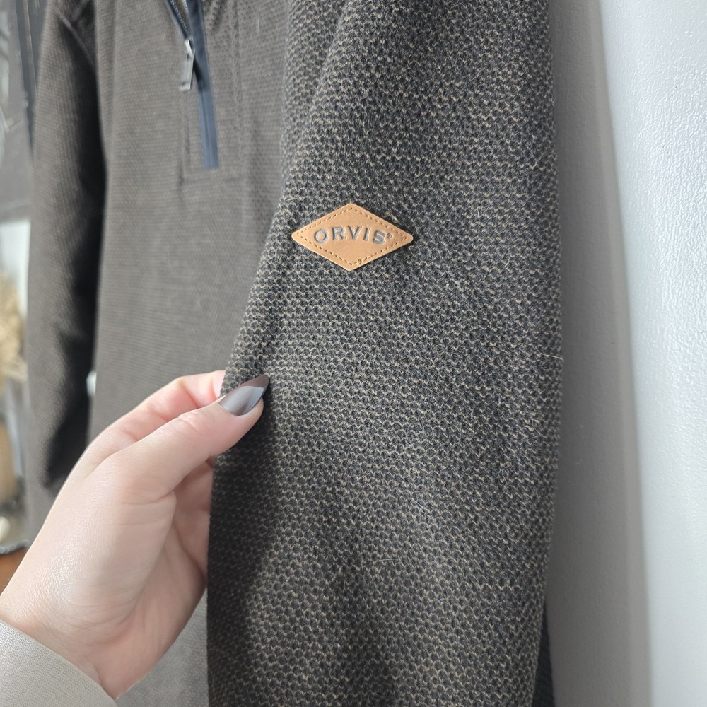 Orvis Quarter Zip Sherpa Lined Pullover Sweater Mens XLarge Brown Pockets Cozy - Picture 2 of 14
